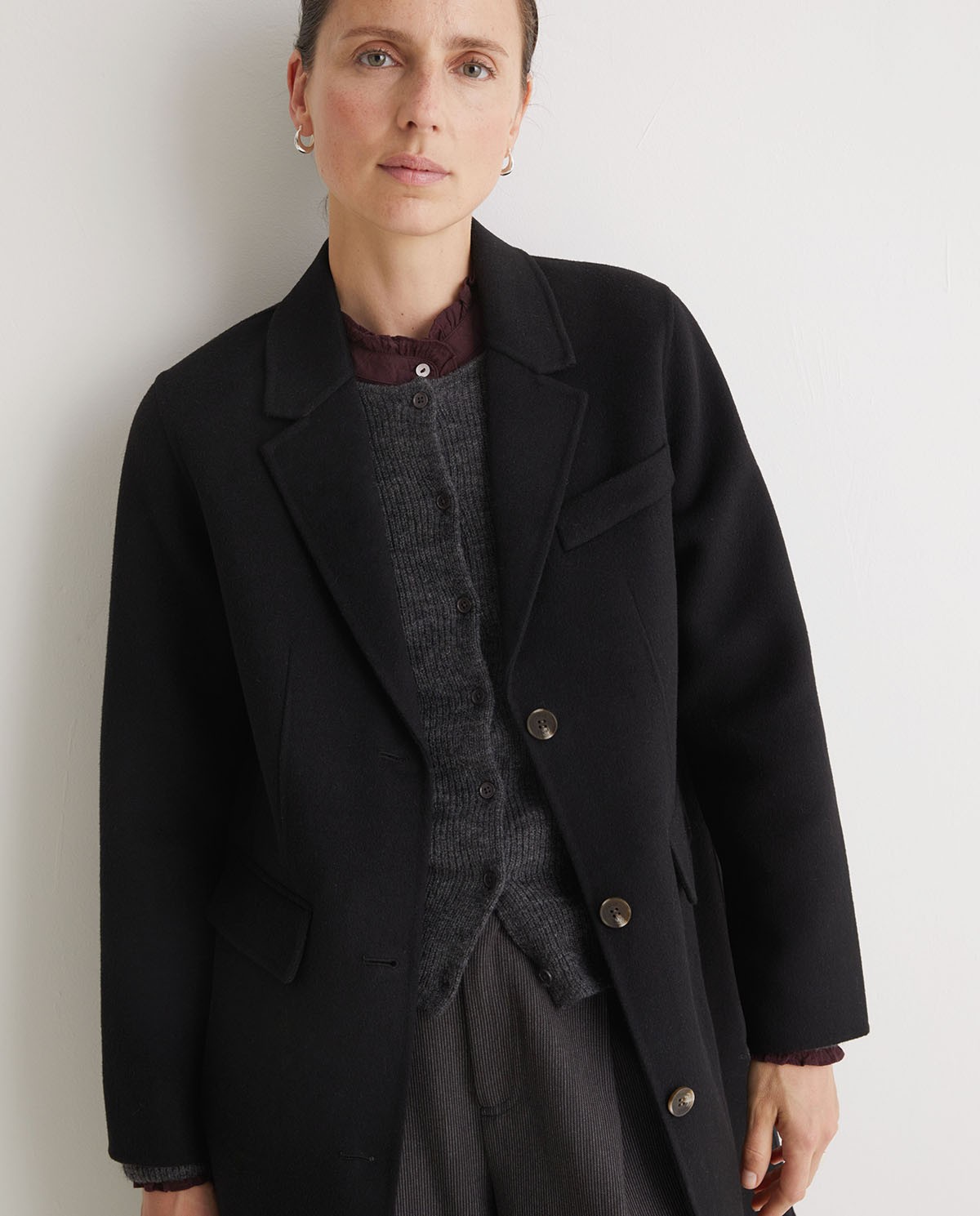 Handmade wool-blend midi coat black woman Yerse - Front view