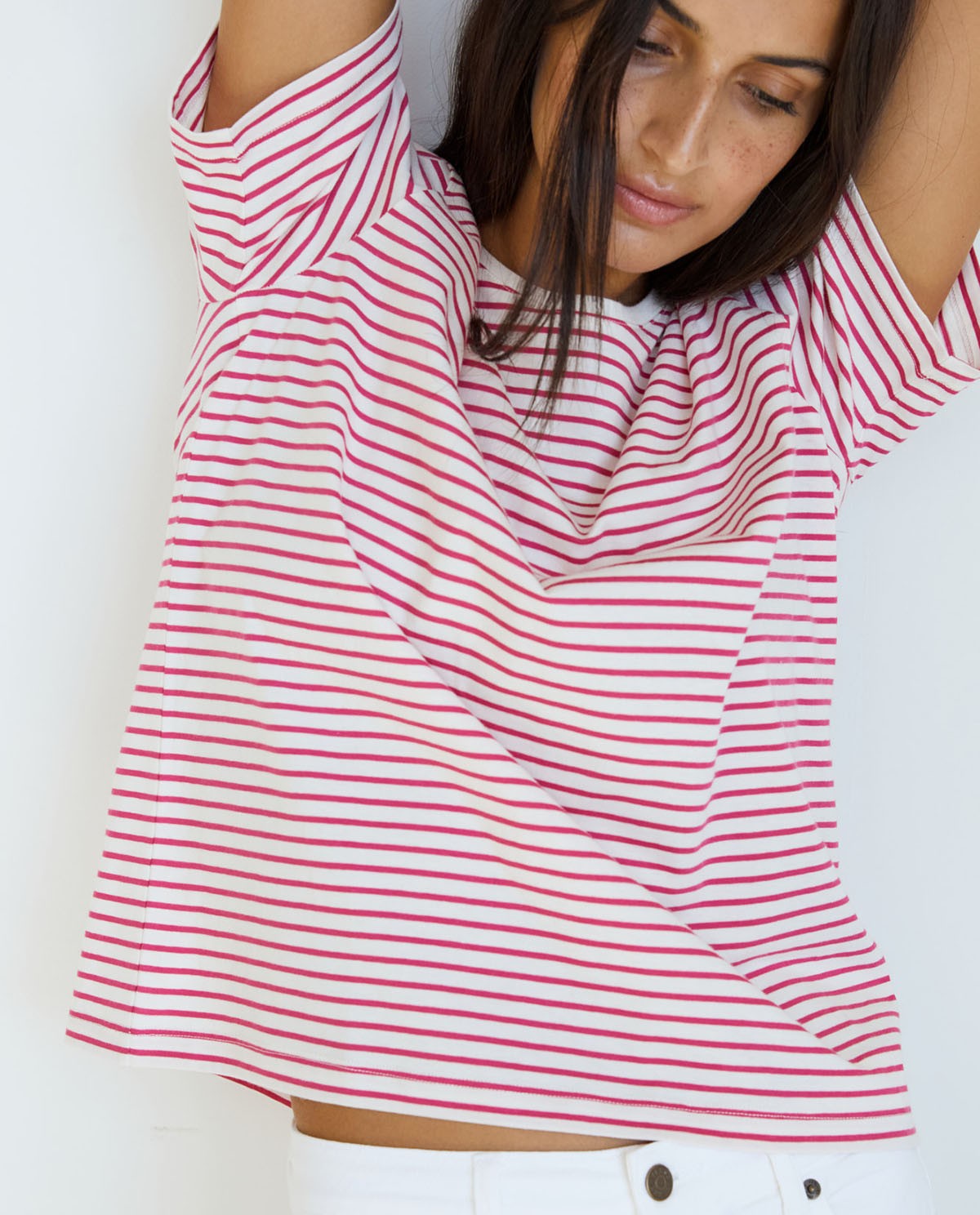 Striped organic-cotton t-shirt Fuchsia stripes 1