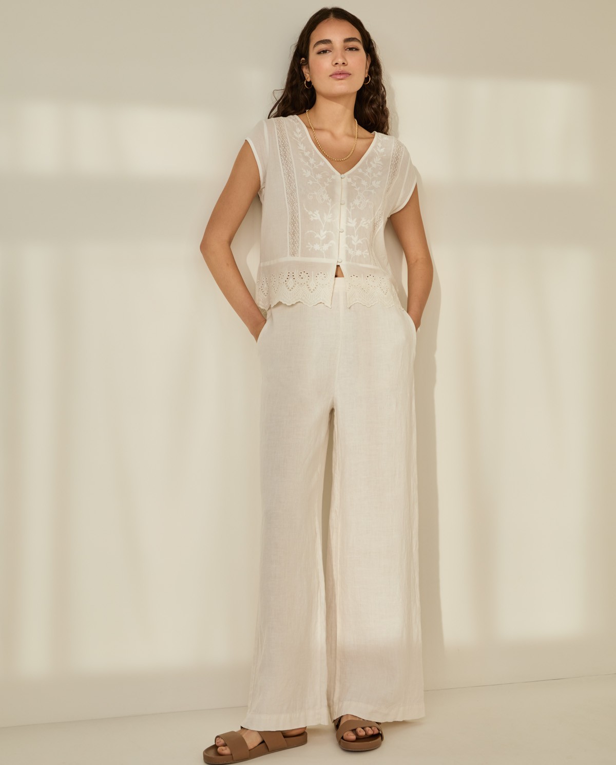vicolo- pantalón palazzo en mezcla de lino crudo recubierto - White Mood