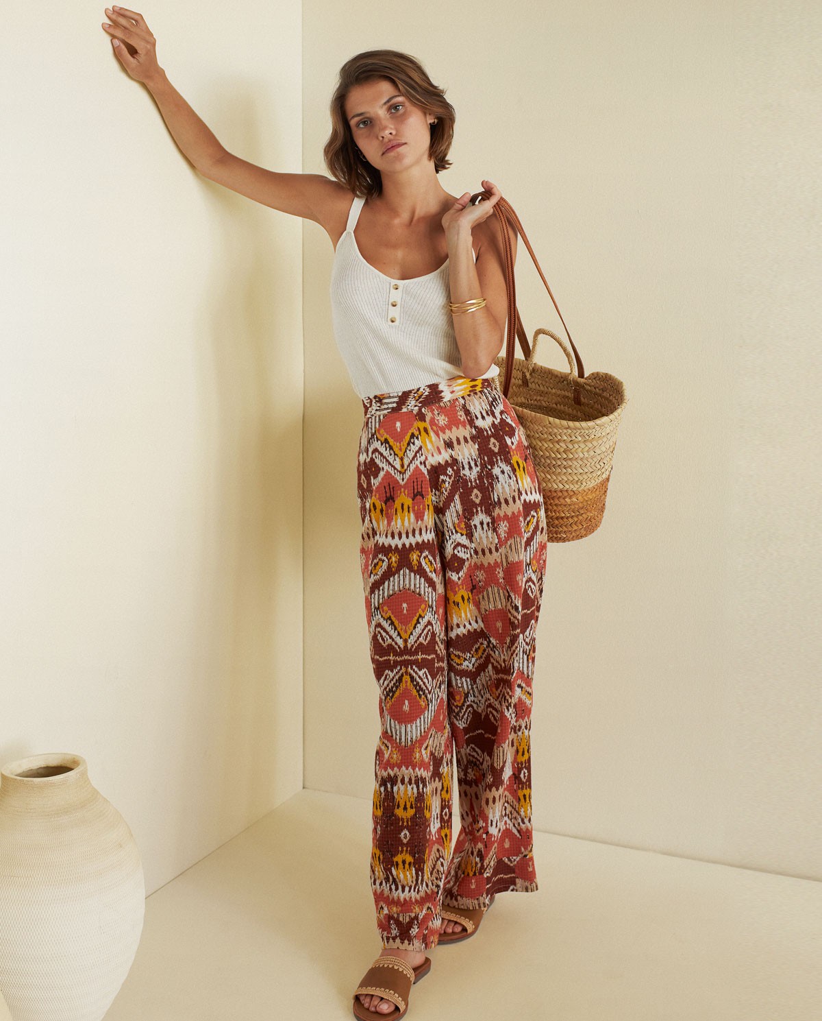 Pantalones fluidos estampado IKAT Terracota
