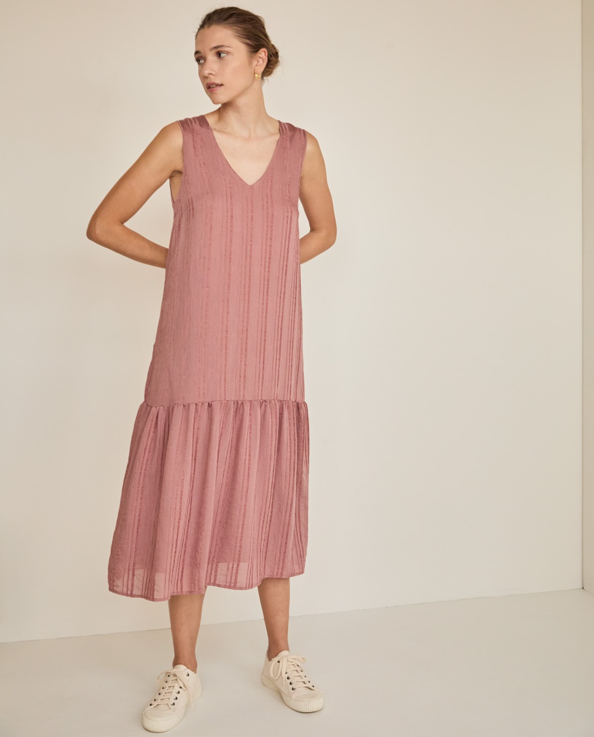 Viscose dress with ruffles and stripes 