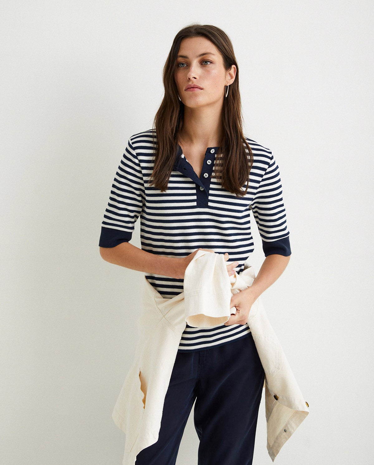 Striped cotton t-shirt ecru and navy