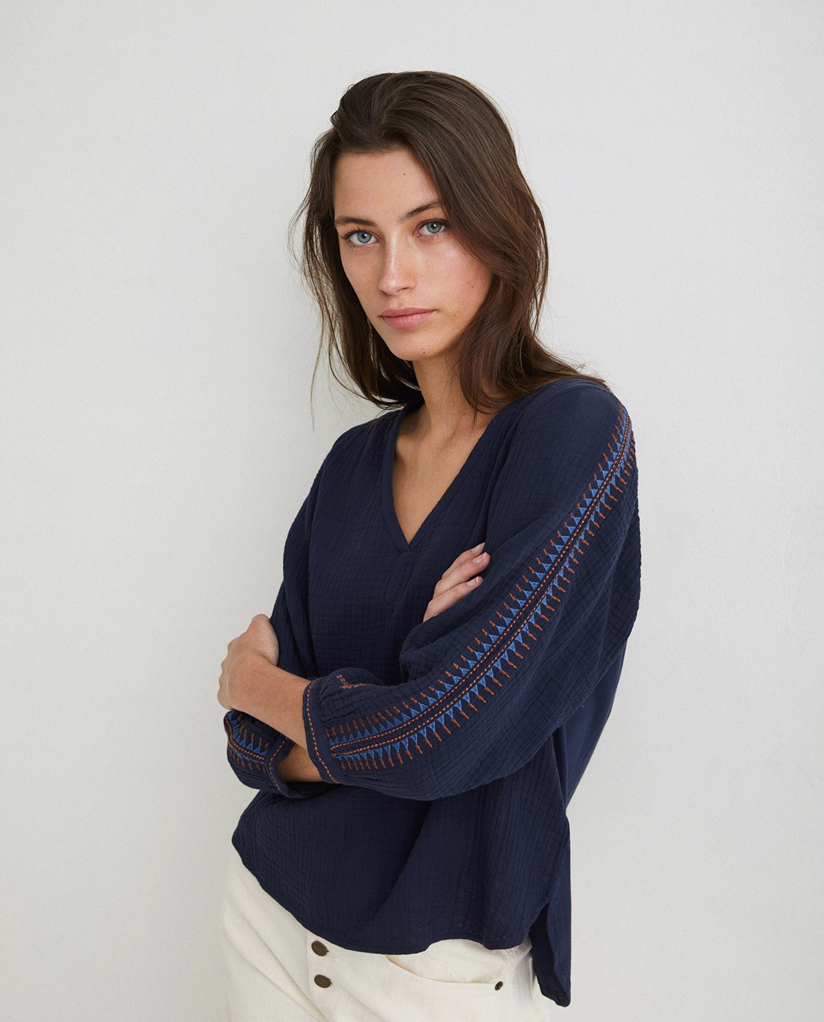 Chemise coton broderies Navy 1