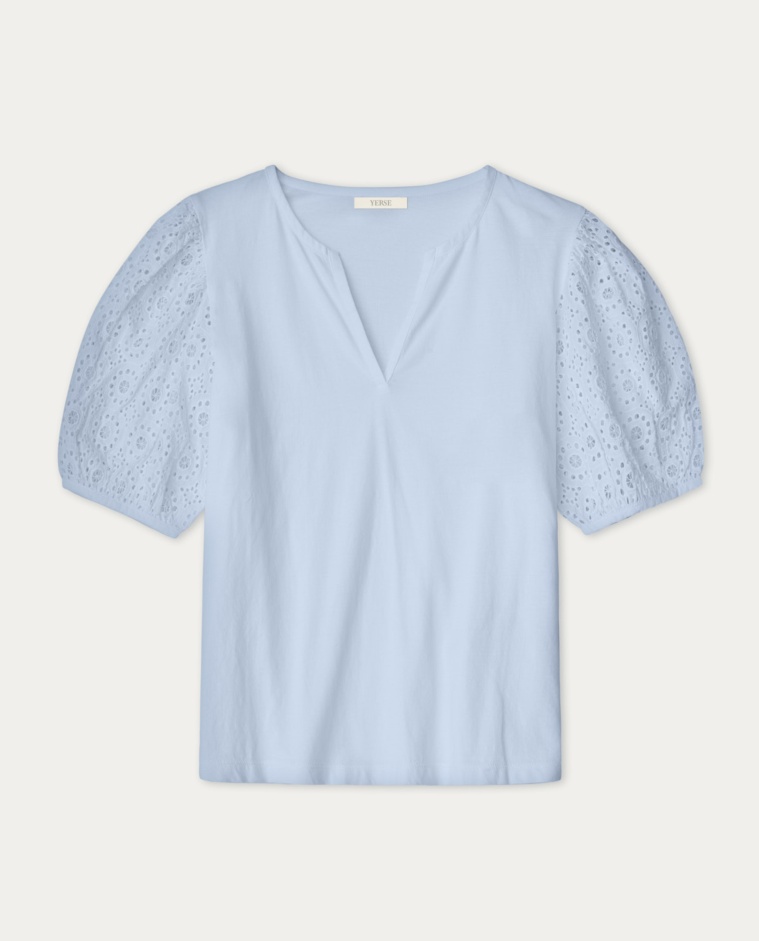 Cotton t-shirt embroidered sleeves Blue