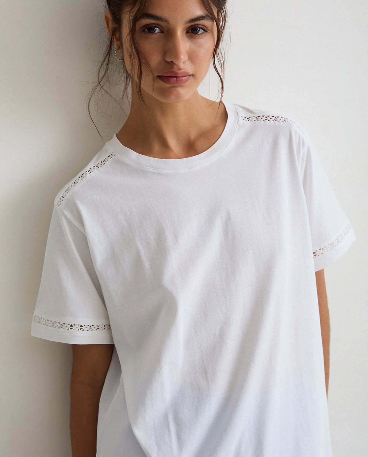 Cotton t-shirt decorative stitching White 2