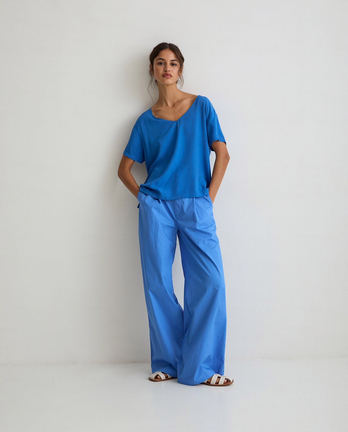 Wide-leg cotton trousers Blue 1