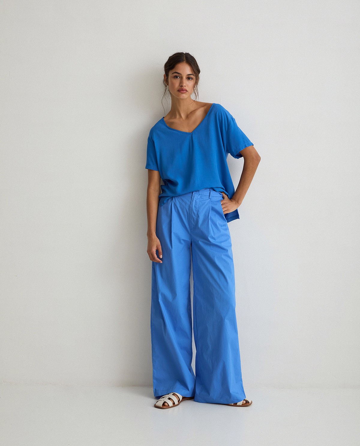 Wide-leg cotton trousers Blue 2