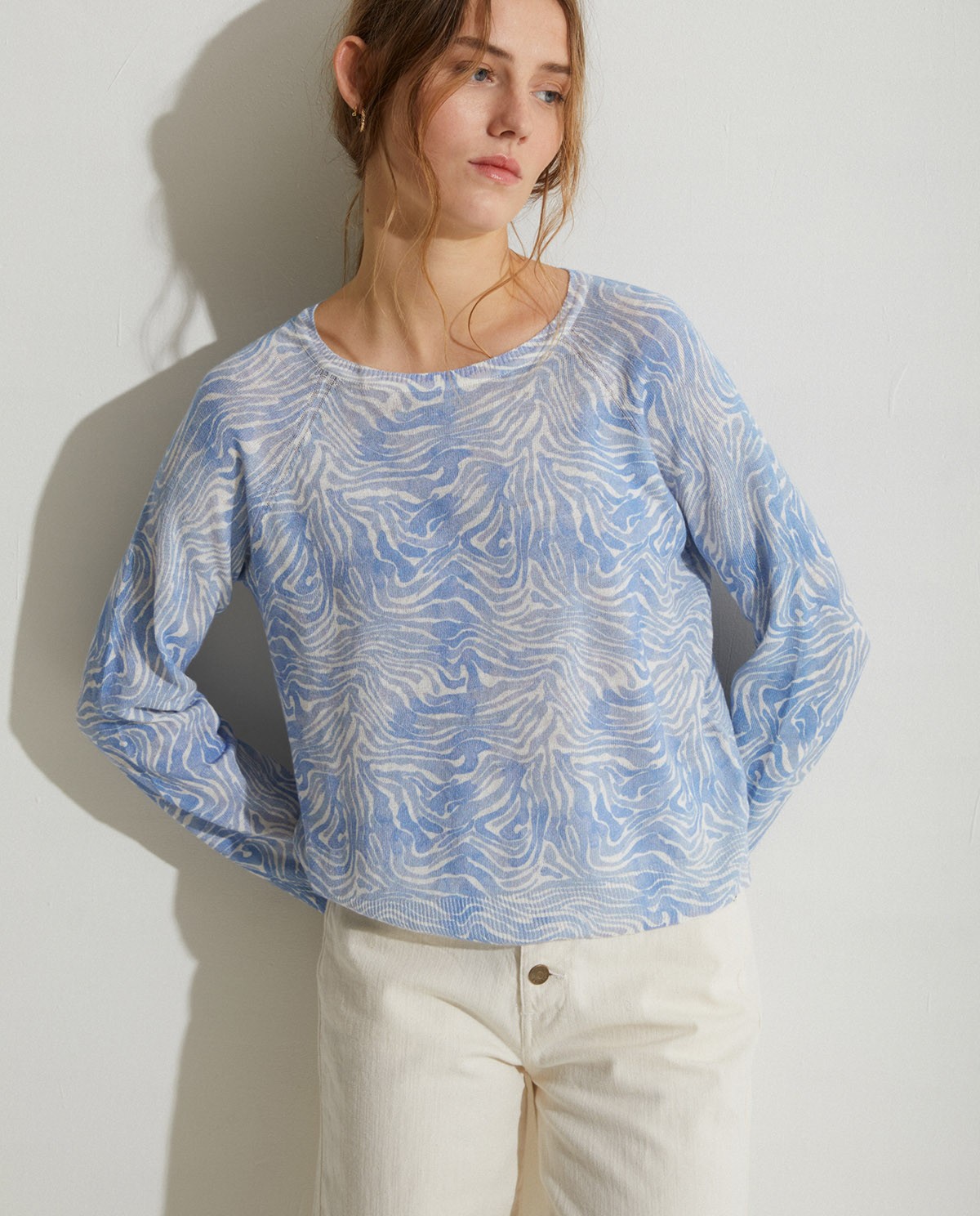 Print linen-cotton sweater Blue