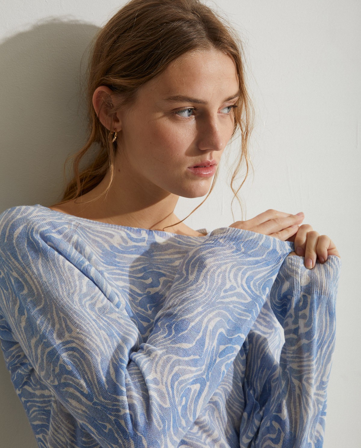 Print linen-cotton sweater Blue 1