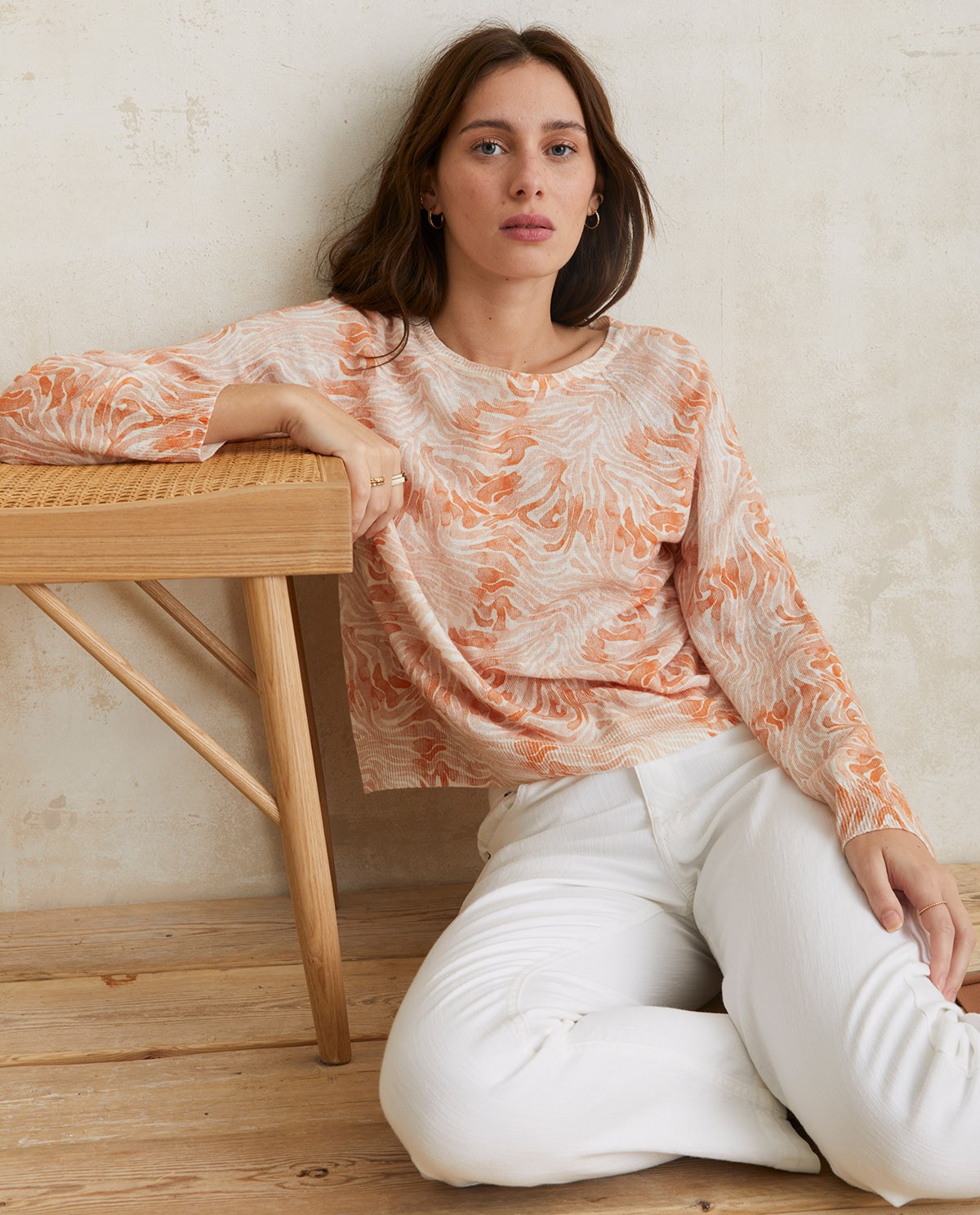 Print linen-cotton sweater Orange