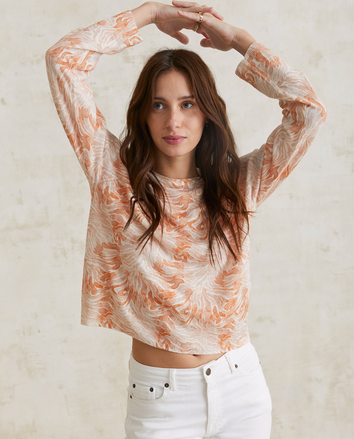 Print linen-cotton sweater Orange 1