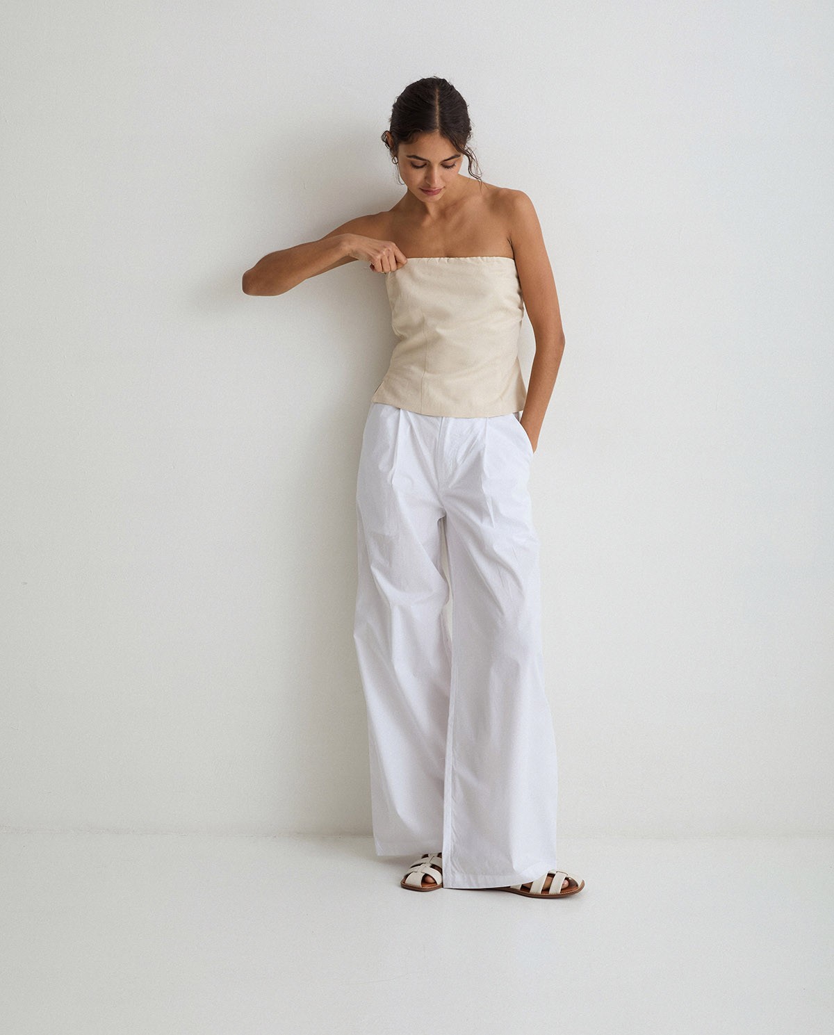 Wide-leg cotton trousers White