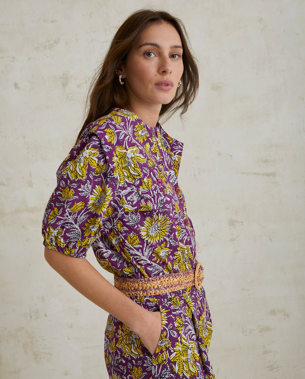 Print cotton jumpsuit Purple