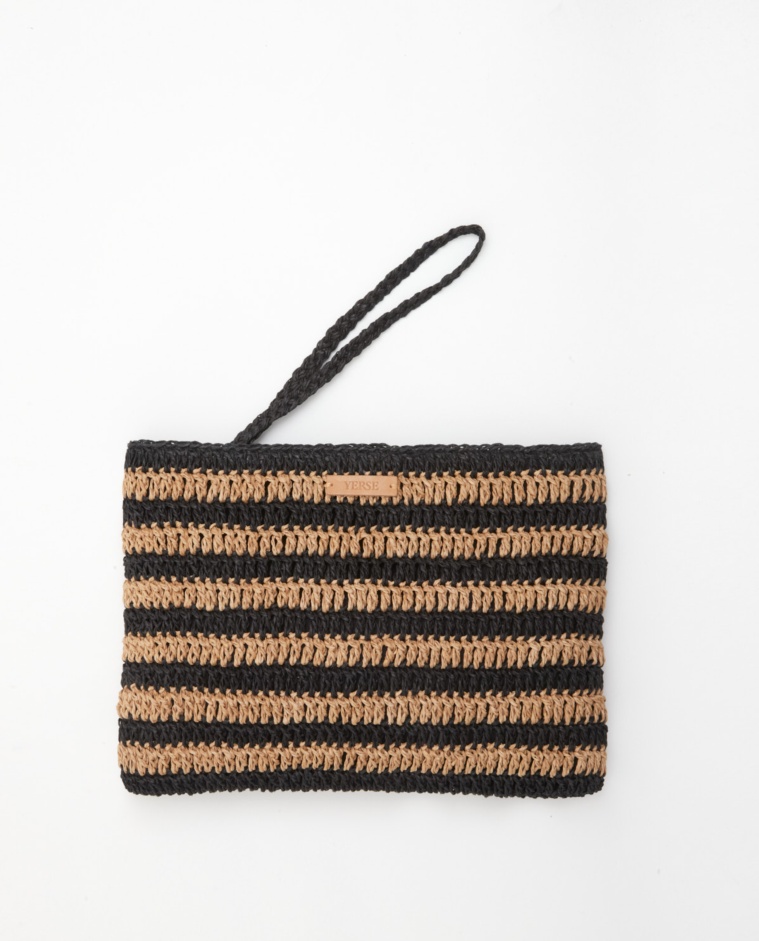 Striped raffia pouch bag BEIGE