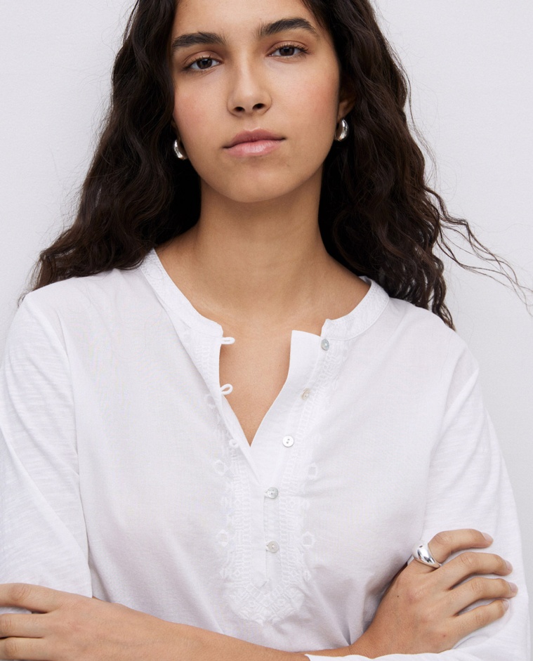 White Henley-neck T-shirt with embroidery