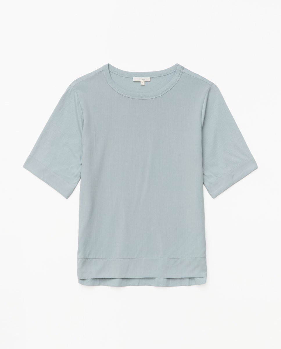 Camiseta bimateria escote redondo azul grisáceo