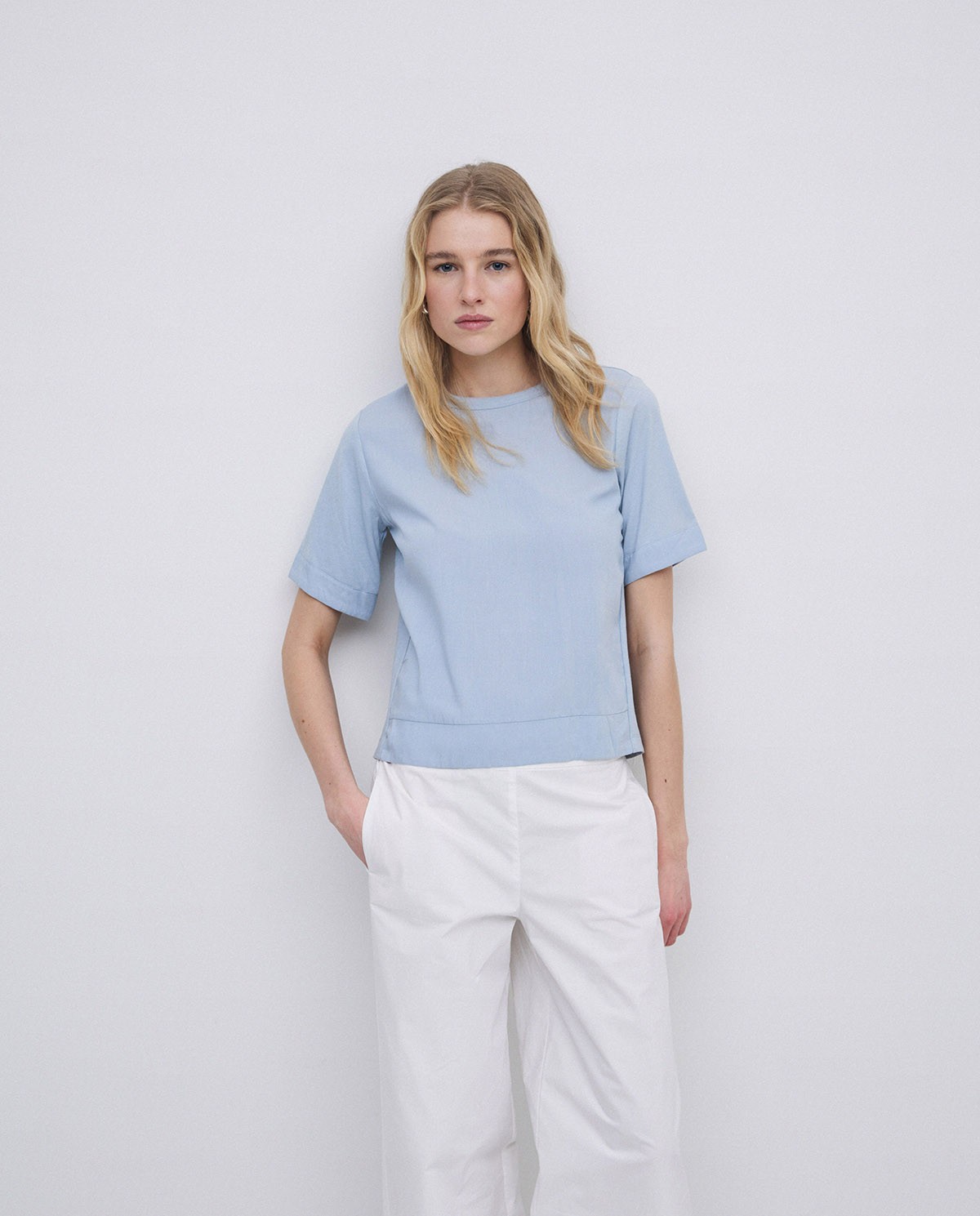 T-shirt bi-matière bleu gris à col rond - T-shirt bi-matière coupe droite 5