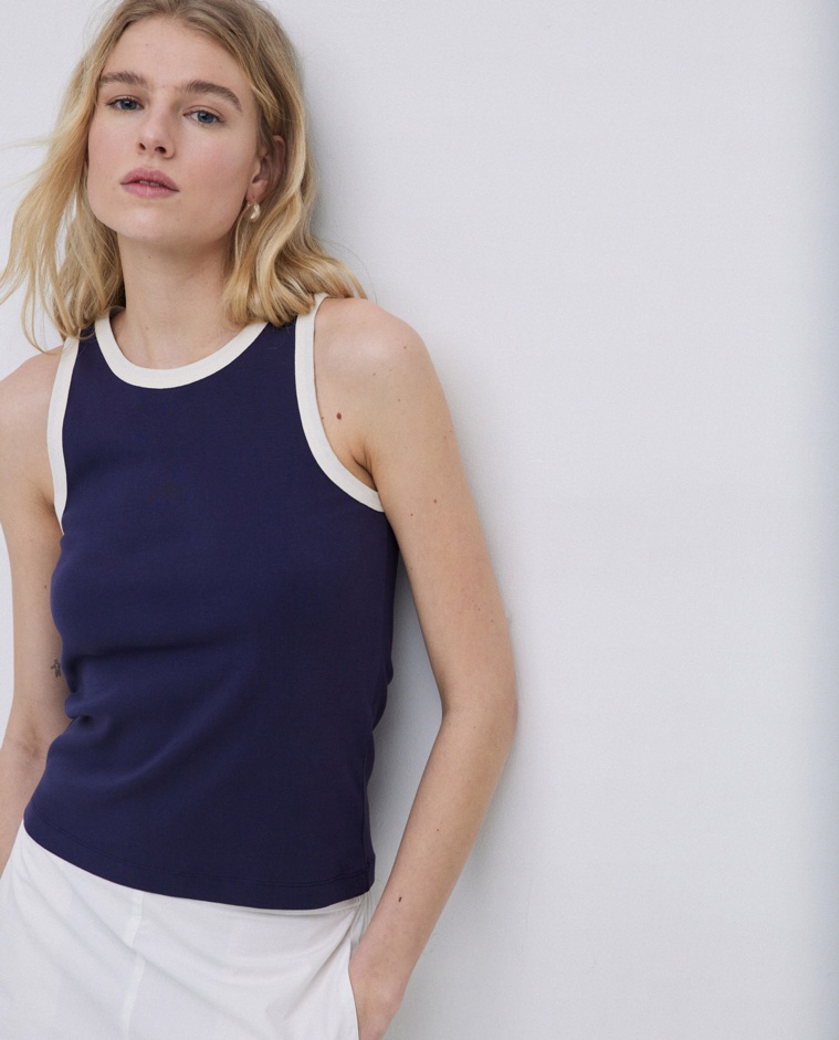 Dark blue top with contrasting trim