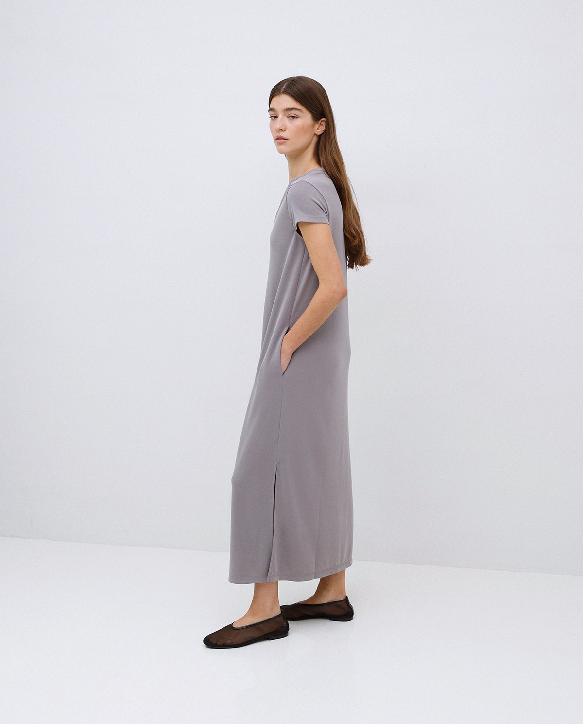 Grey cap-sleeve midi dress 1