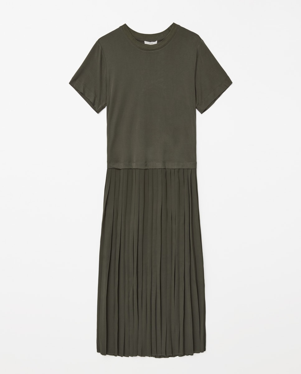 Vestido evasé falda plisada caqui 8