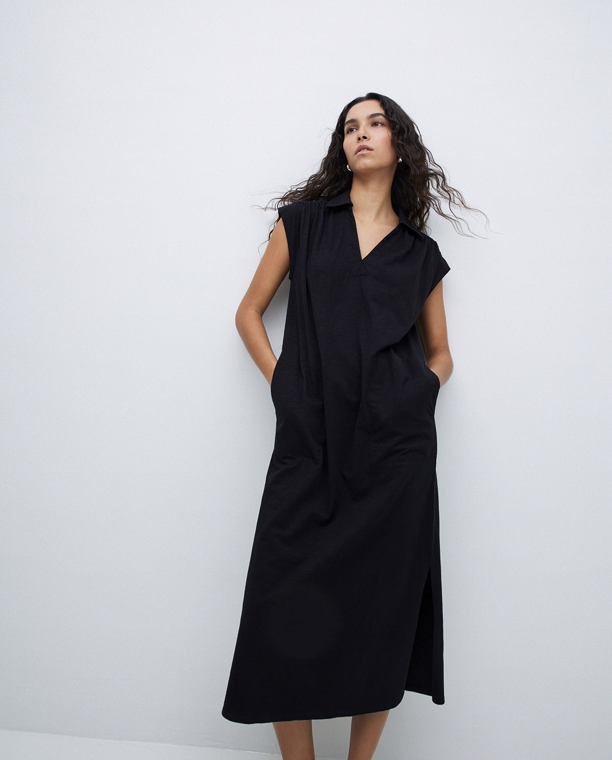 Vestido camisero flamé de algodón negro 5