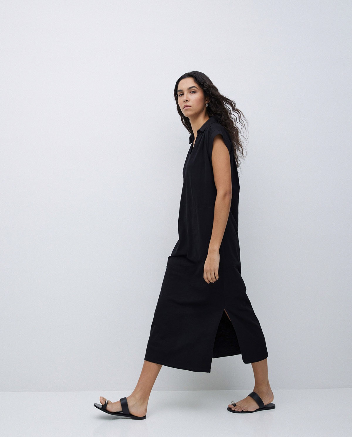 Vestido camisero flamé de algodón negro