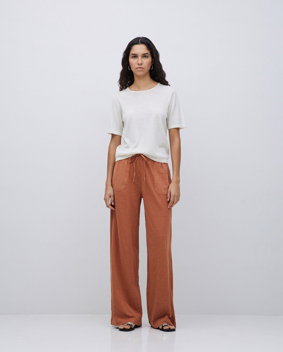Pantalon en coton taille élastique terracotta