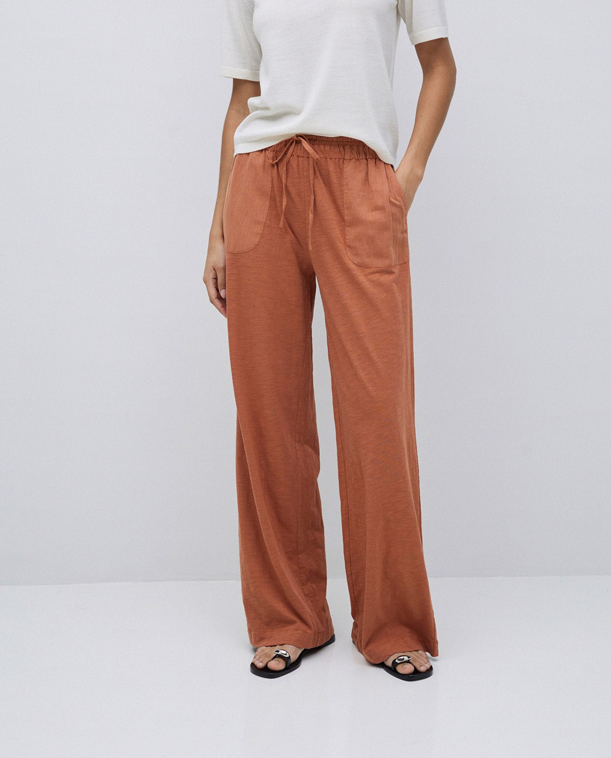 Pantalon en coton taille élastique terracotta 1