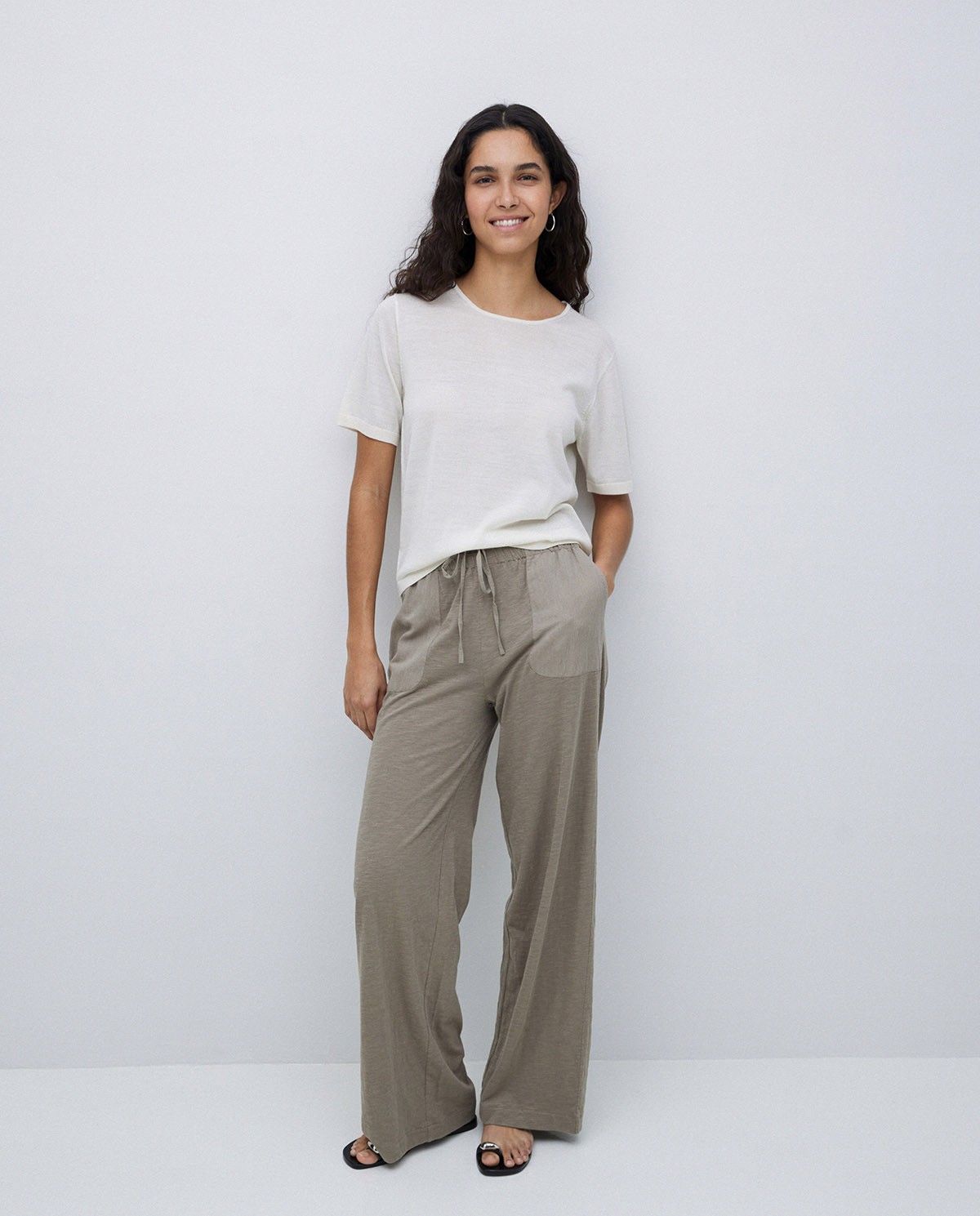 Pantalones algodón cintura elástica caqui
