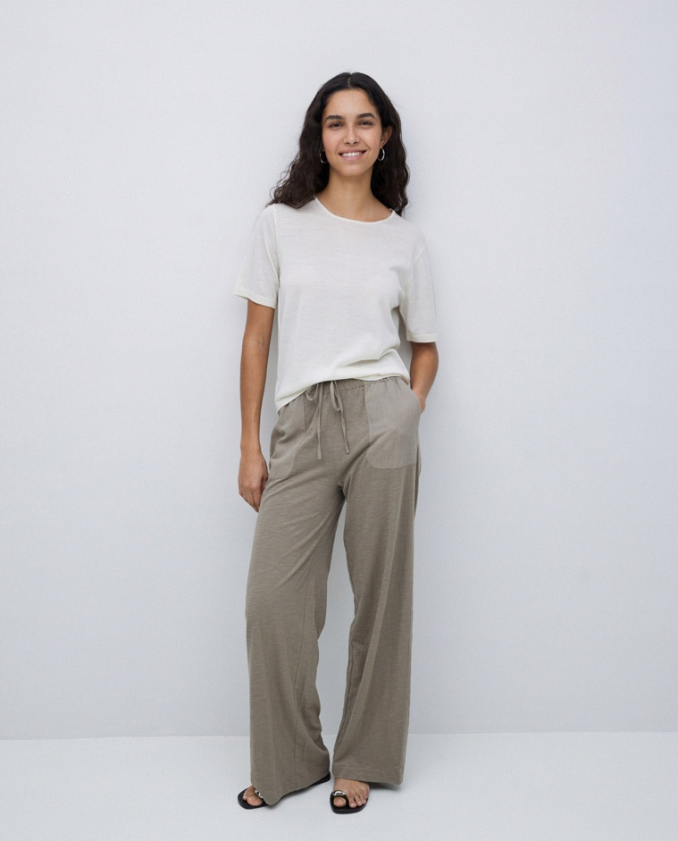 Khaki elastic waist cotton trousers