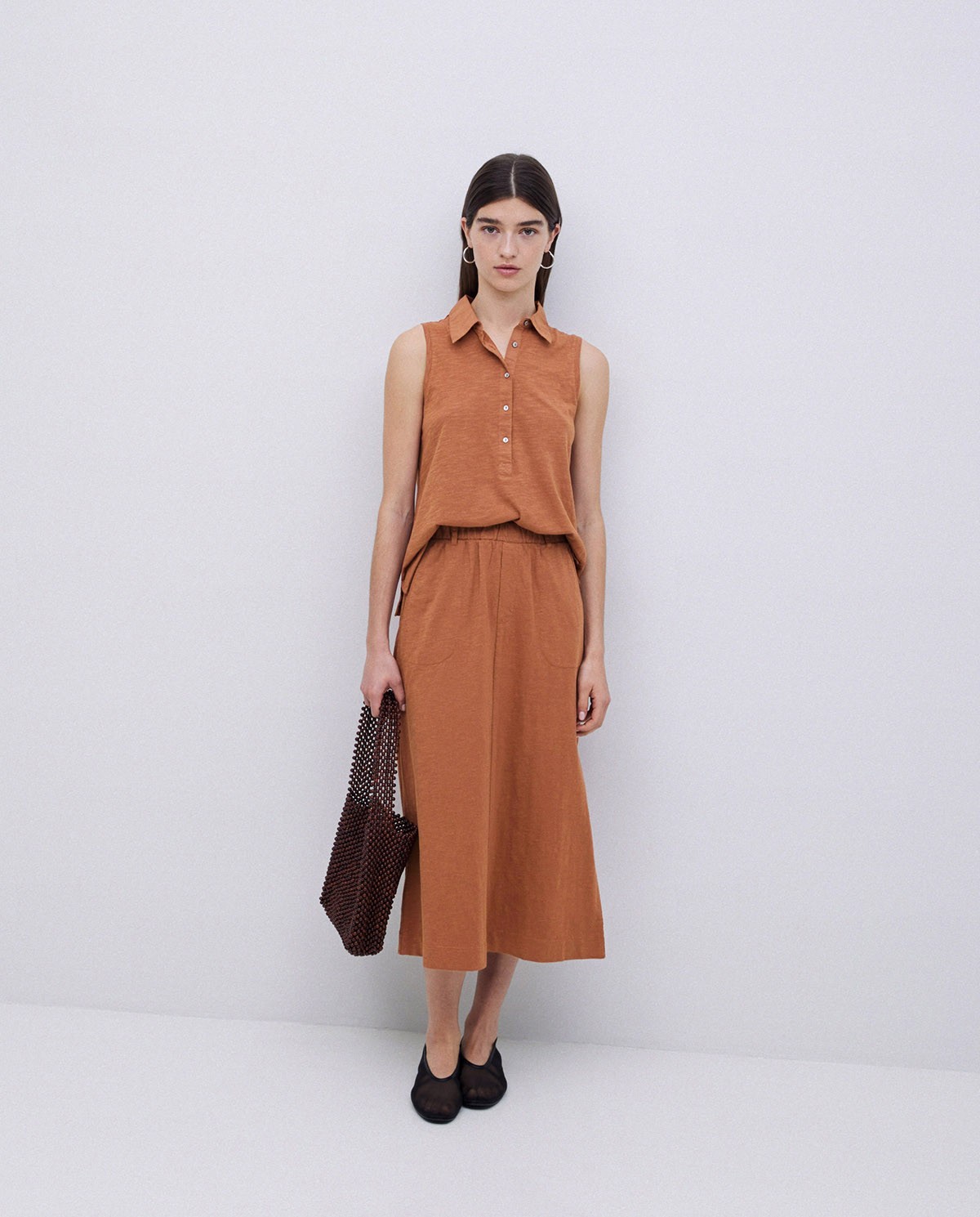 Falda midi flamé de algodón terracota 1