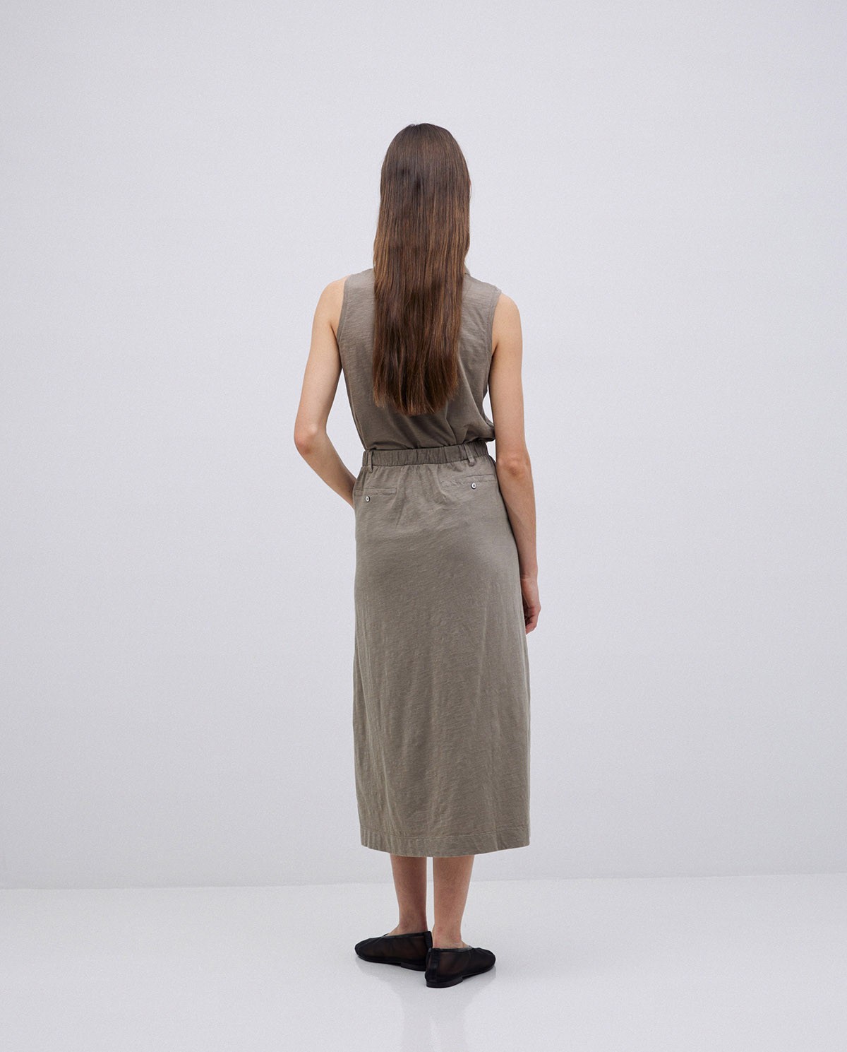 Falda midi flamé de algodón caqui 3