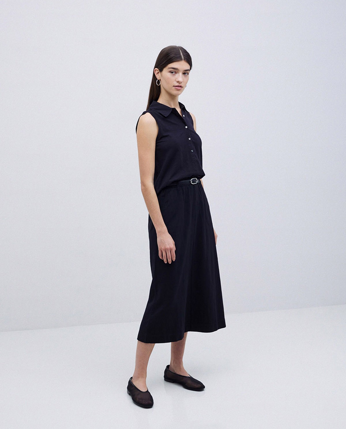 Falda midi flamé de algodón negro