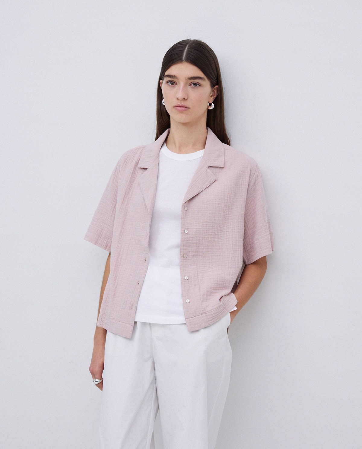 Camisa bimateria cuello solapa rosa pálido