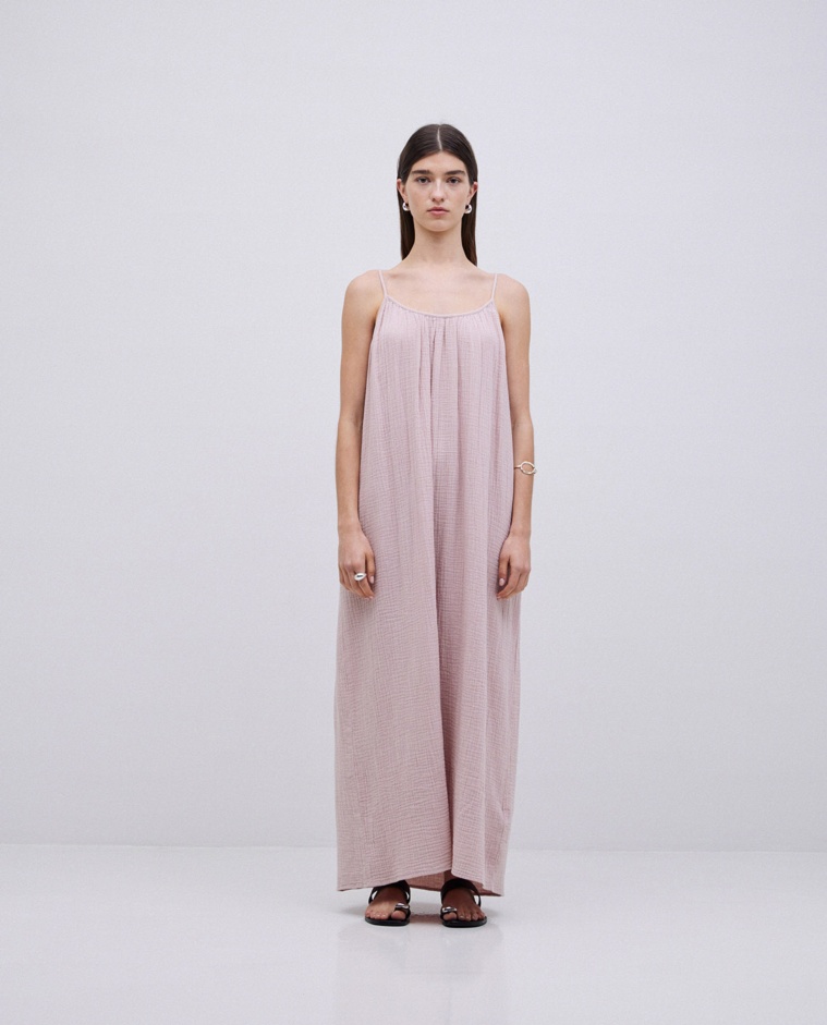 Vestido largo doble gasa rosa pálido - Vestido largo y fluido