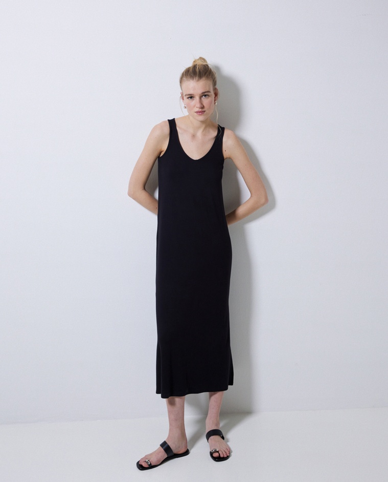 Long dark blue knit dress - Long strap dress