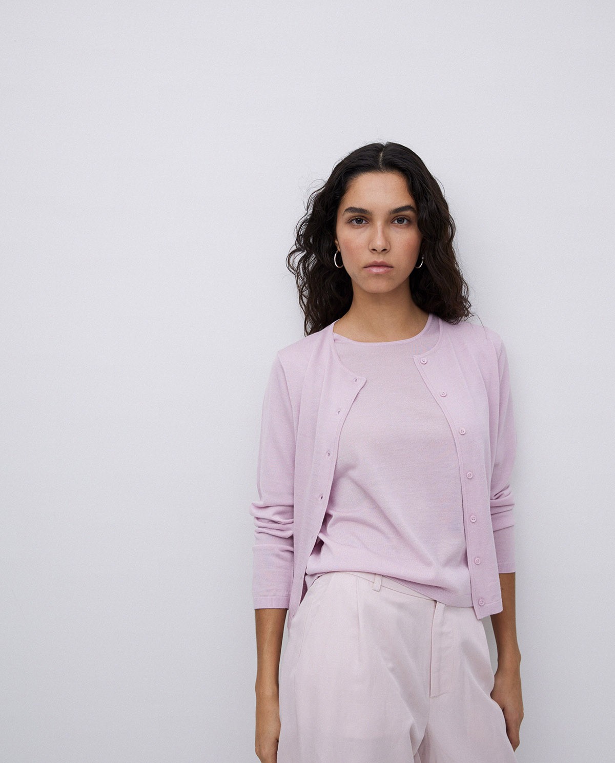 Cárdigan 100% lana de merino rosa pálido