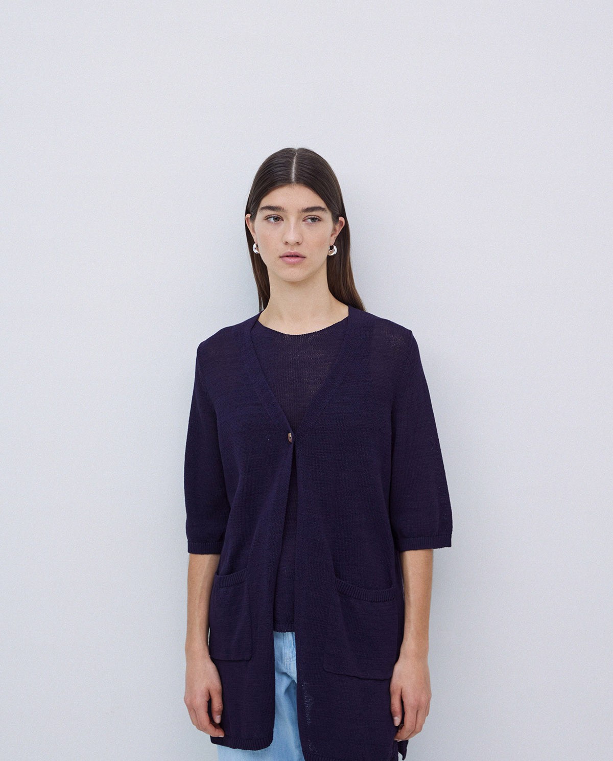 Cardigan long maille bleu foncé 1