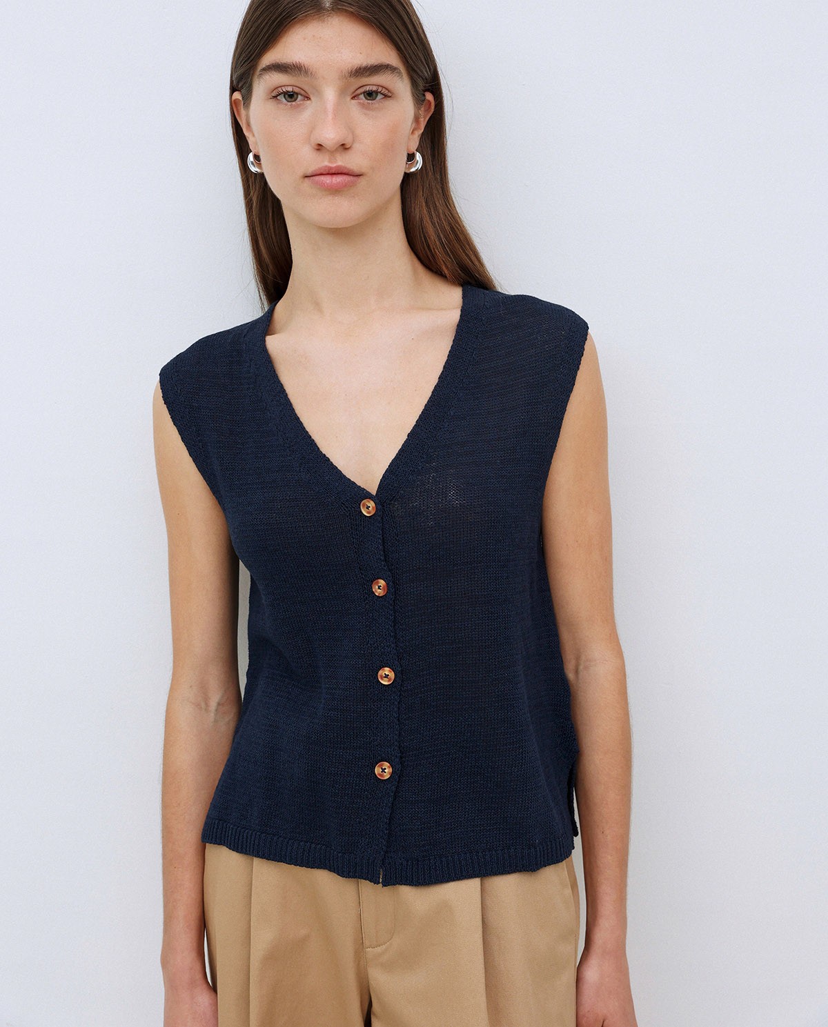 Gilet coton col en V bleu foncé