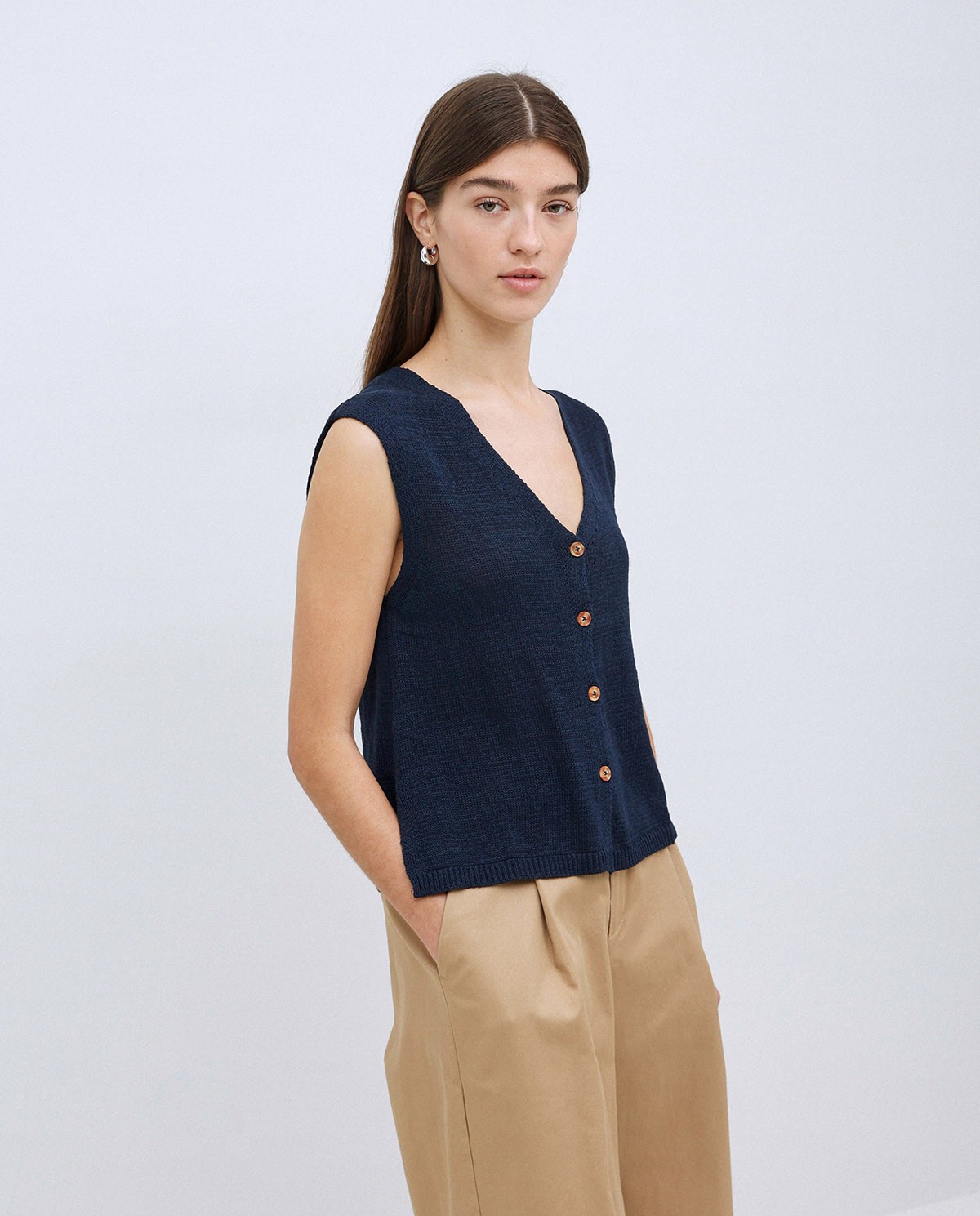 Gilet coton col en V bleu foncé 2