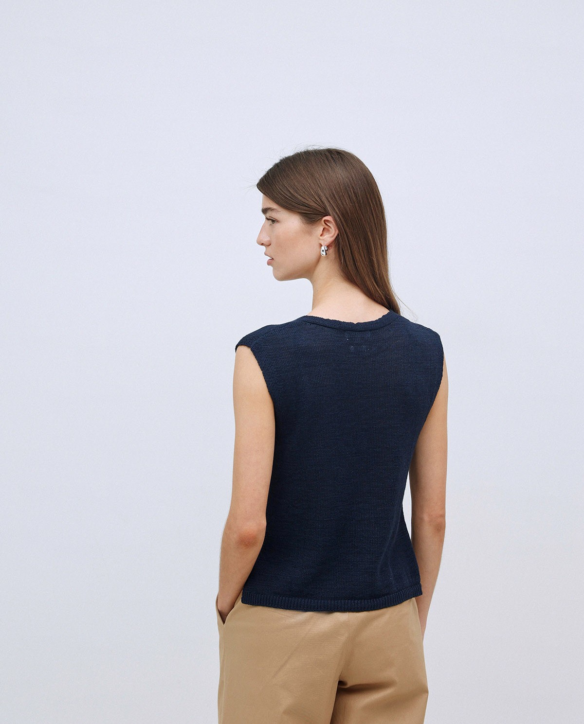 Gilet coton col en V bleu foncé 4