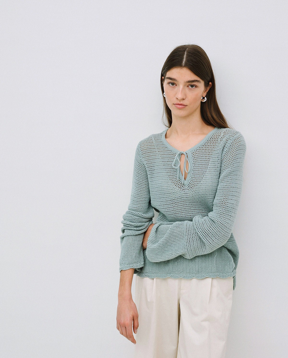 Light green bow lace sweater - Openwork knit sweater 7