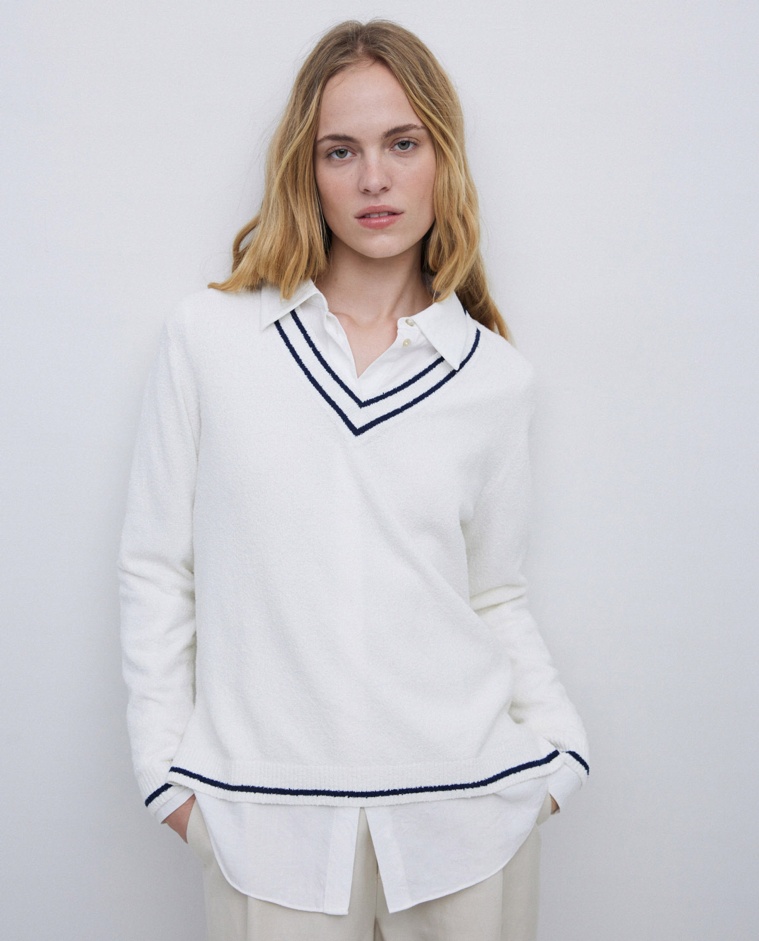 Jersey cuello pico crudo - Jersey mezcla de<strong> fibras recicladas y algodón</strong>