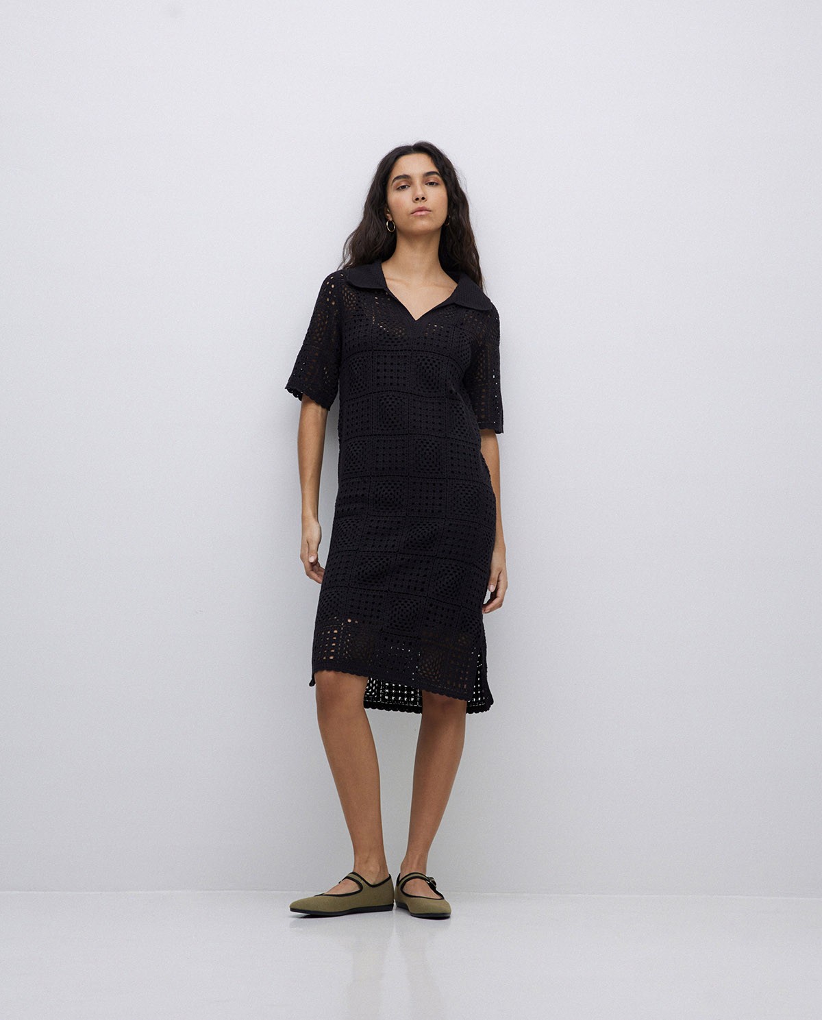 Vestido crochet cuello polo negro 2