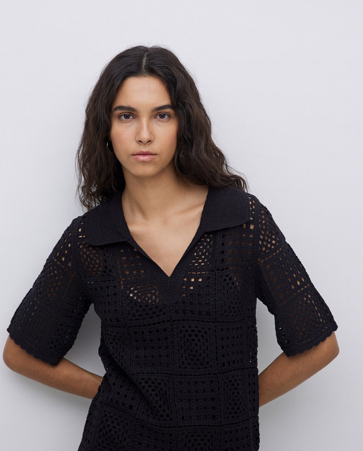 Vestido crochet cuello polo negro 1