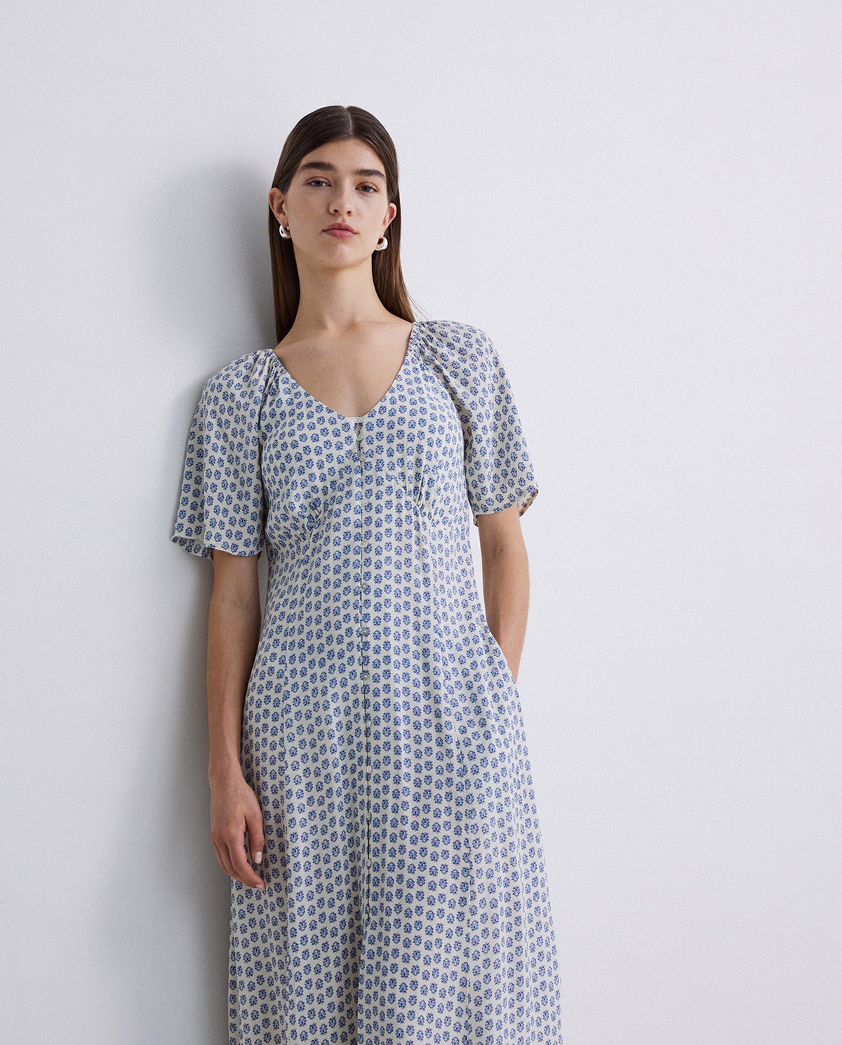 Dark-blue floral print midi dress