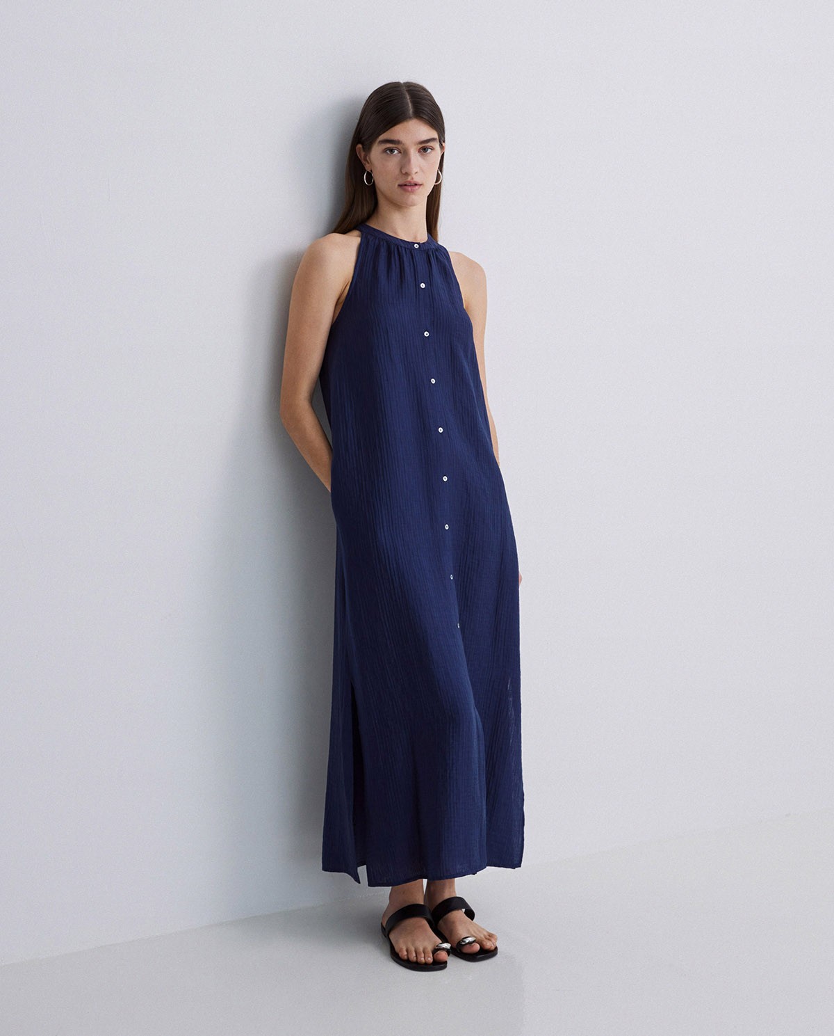 Dark-blue midi halter neck dress