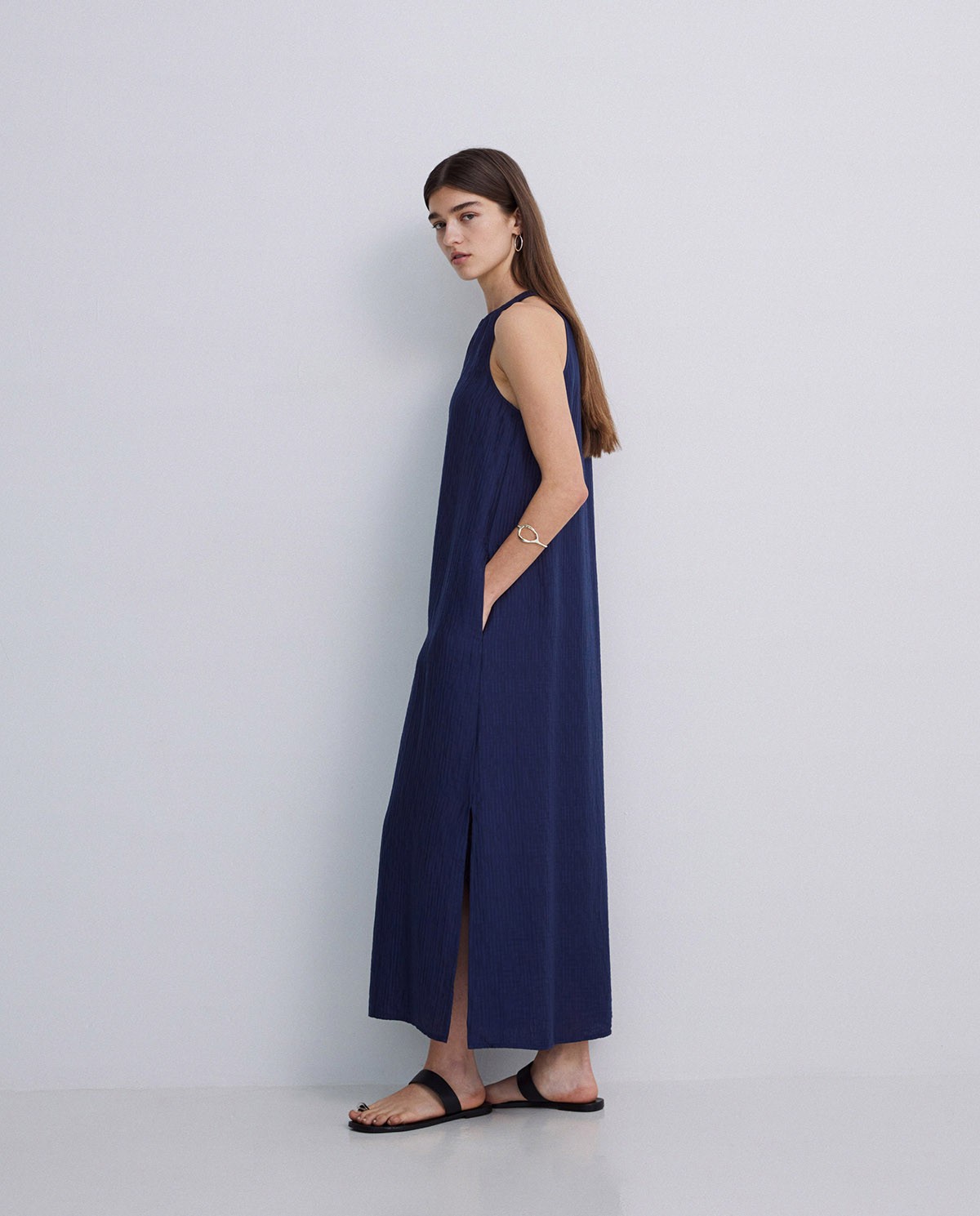 Dark-blue midi halter neck dress