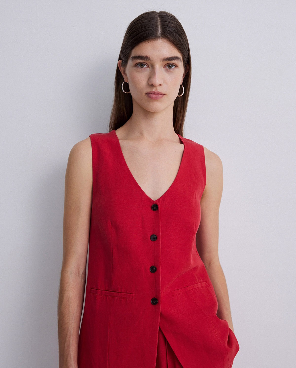 Chaleco largo tencel y lino rojo