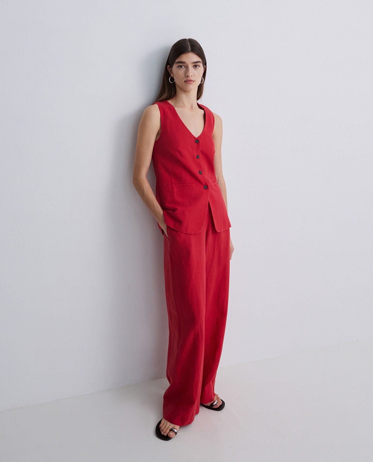 Chaleco largo tencel y lino rojo